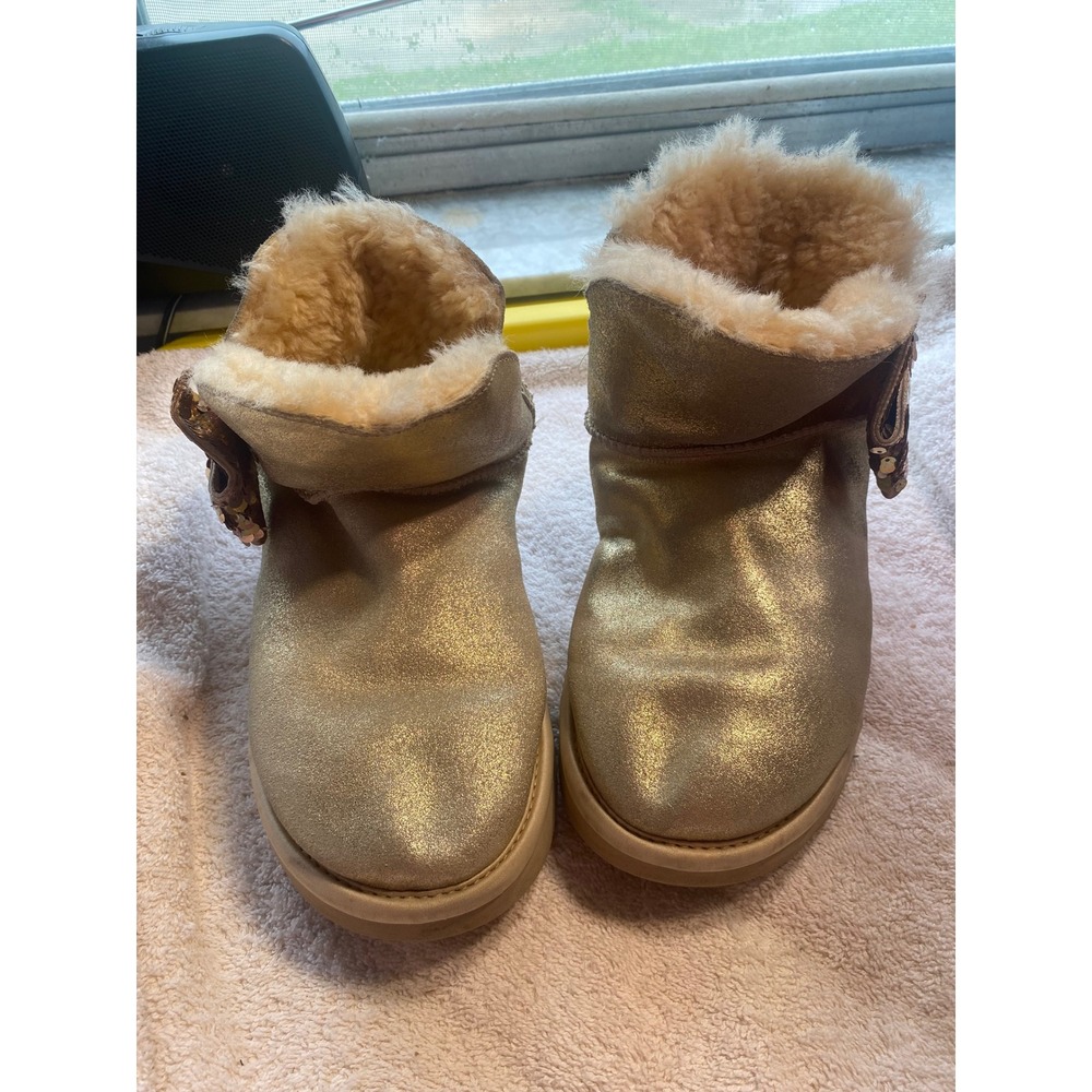 UGG Gita Metallic Gold Sequin Bow Sheepskin Ankle Boots 1096012 Womens 7